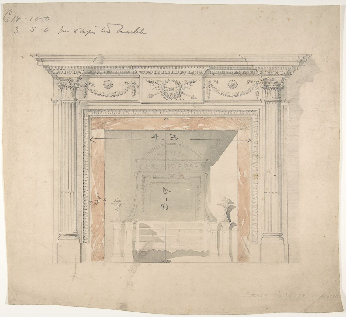 Design for an Adam-style Mantel, with a Marble Surround and Iron Firebox, Anonymous, British, late 18th–early 19th century, Graphite, brush and gray and pink wash 