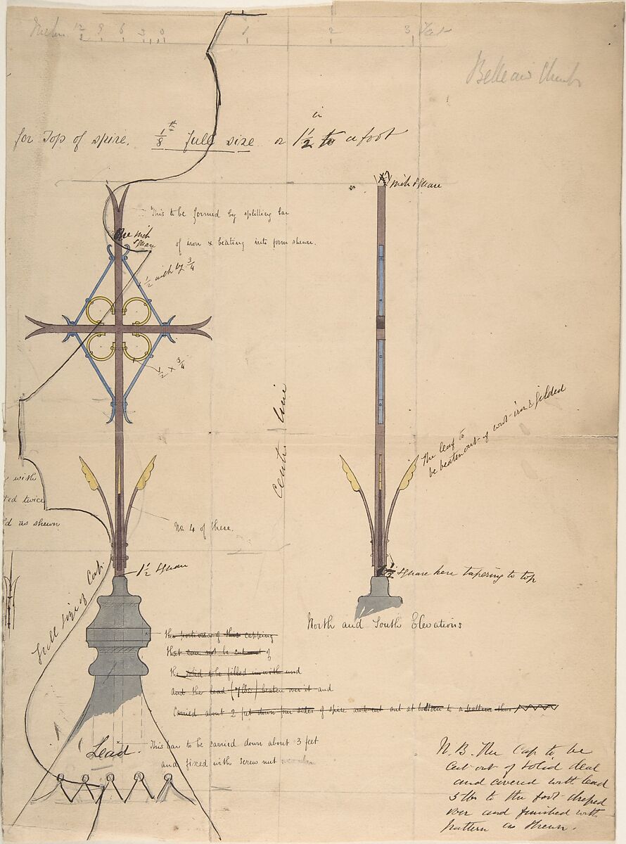 Design for a Cross Supported by Lead Roof Cap, for Belleaw Church, Attributed to Richardson Ellson &amp; Co. (British), Pen and ink, brush and wash and watercolor 