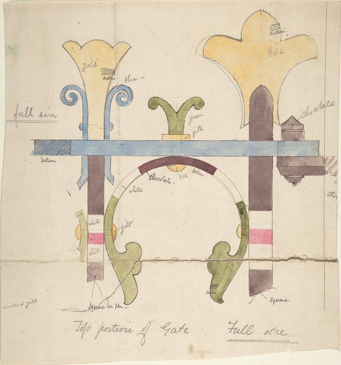 Design for Top Portion of a Gate, Full-Size, Attributed to Richardson Ellson &amp; Co. (British), Pen and ink, brush and wash and watercolor 