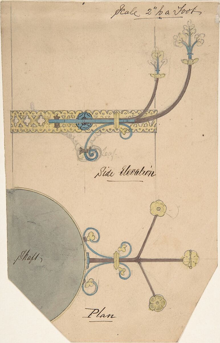 Design for Floral Brackets for a Church, Attributed to Richardson Ellson &amp; Co. (British), Pen and ink, brush and wash and watercolor 