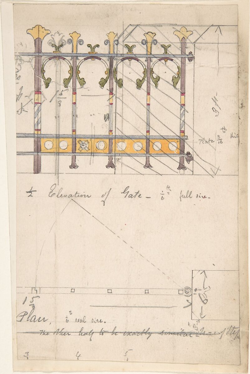 Design for an Iron Gate, Elevation and Plan, Attributed to Richardson Ellson &amp; Co. (British), Pen and ink, brush and wash and watercolor 