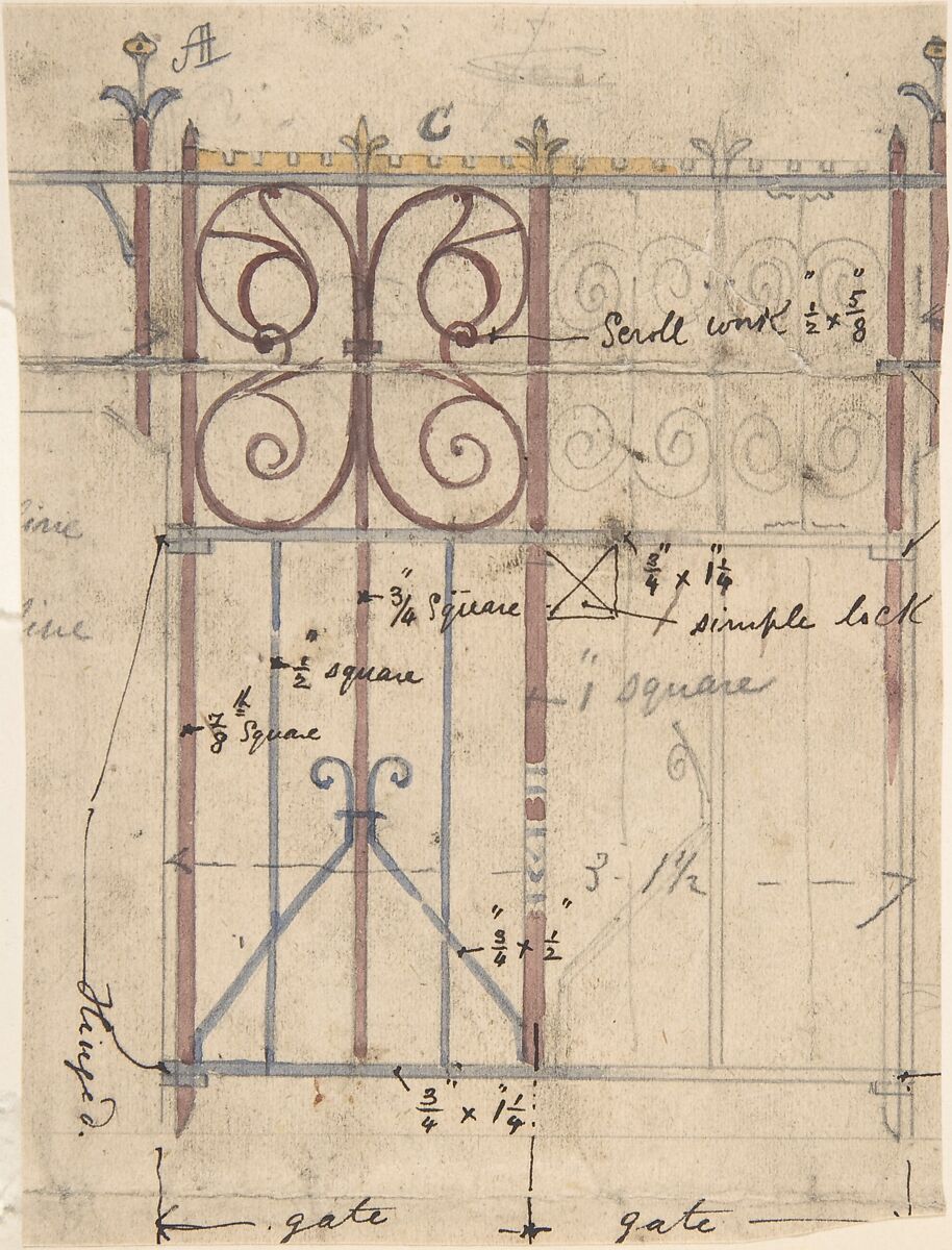 Design for a Church Gate, Attributed to Richardson Ellson &amp; Co. (British), Pen and ink, brush and wash and watercolor 