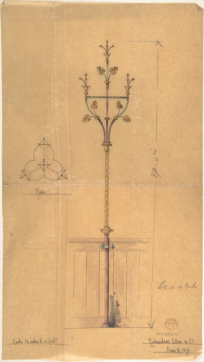 Design for Church Lights, Designed by Richardson Ellson &amp; Co. (British), Pen and ink, brush and wash and watercolor on tracing paper 