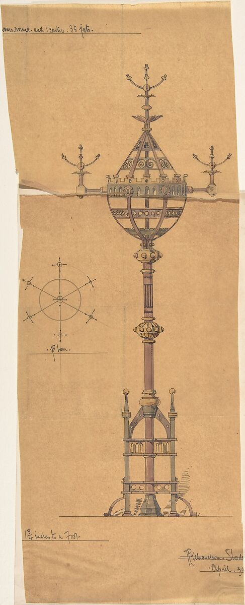 Designs for [Gas?] Lights for a Church, Designed by Richardson Slade &amp; Co. (British), Pen and ink, brush and wash and watercolor on tracing paper 