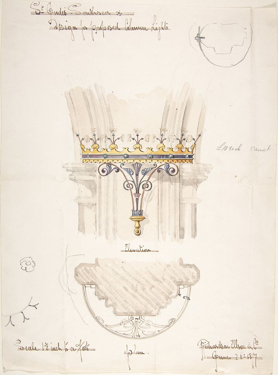 Design for Proposed Column Lights, St. Jude's Church, Southsea, Richardson Ellson &amp; Co. (British), Pen and ink, brush and wash and watercolor 