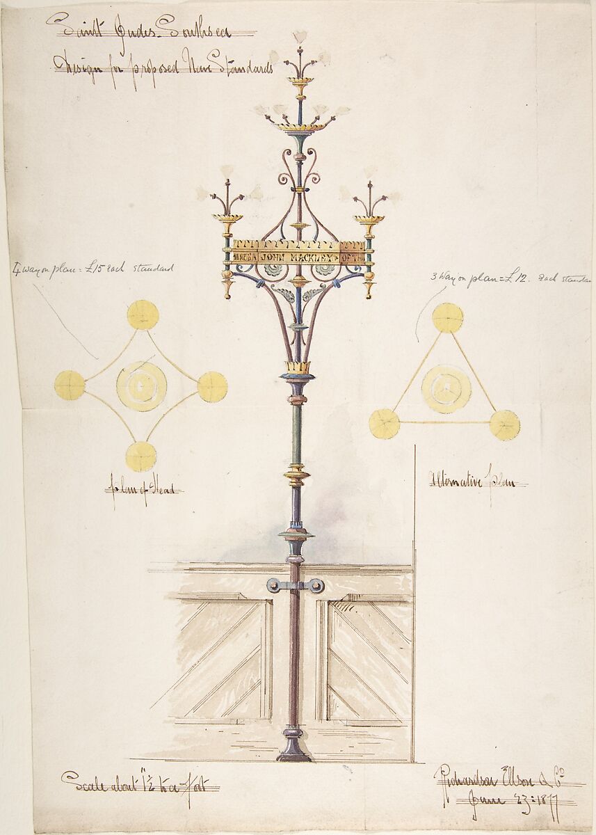Designs for Nave Standards, St. Jude's Southsea, Richardson Ellson &amp; Co. (British), Pen and ink, brush and wash and watercolor 