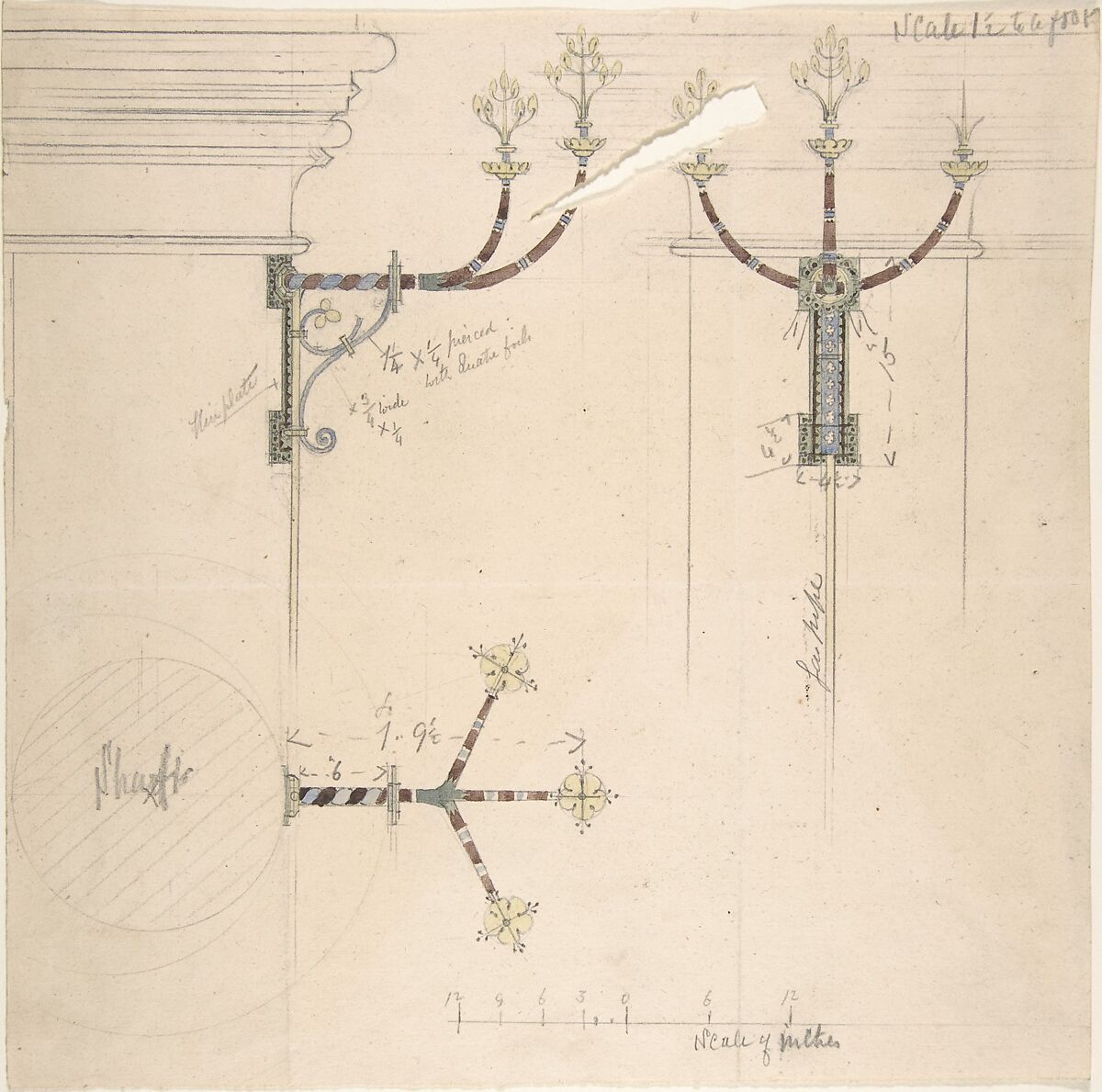 Designs for Church Wall Standards, Richardson Ellson &amp; Co. (British), Pen and ink, brush and wash and watercolor 