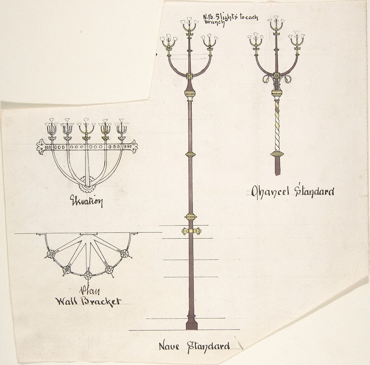 Designs for Church Lights: Wall Bracket, Nave Standard, Chancel Standard, Richardson Ellson &amp; Co. (British), Pen and ink, brush and wash and watercolor 
