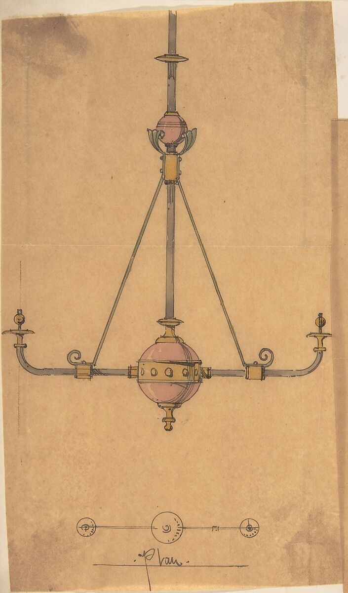 Design for [Gas?] Lights for a Church, Richardson Ellson &amp; Co. (British), Pen and ink, brush and wash and watercolor on tracing paper 