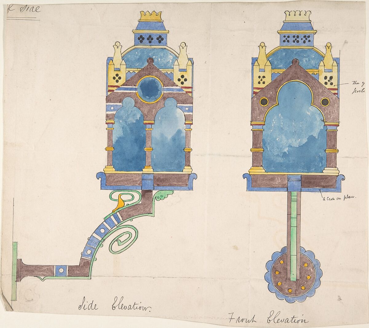 Design for a Church Wall Lantern, Front and Side Elevations, Attributed to Richardson Ellson &amp; Co. (British), Pen and ink, brush and wash and watercolor 