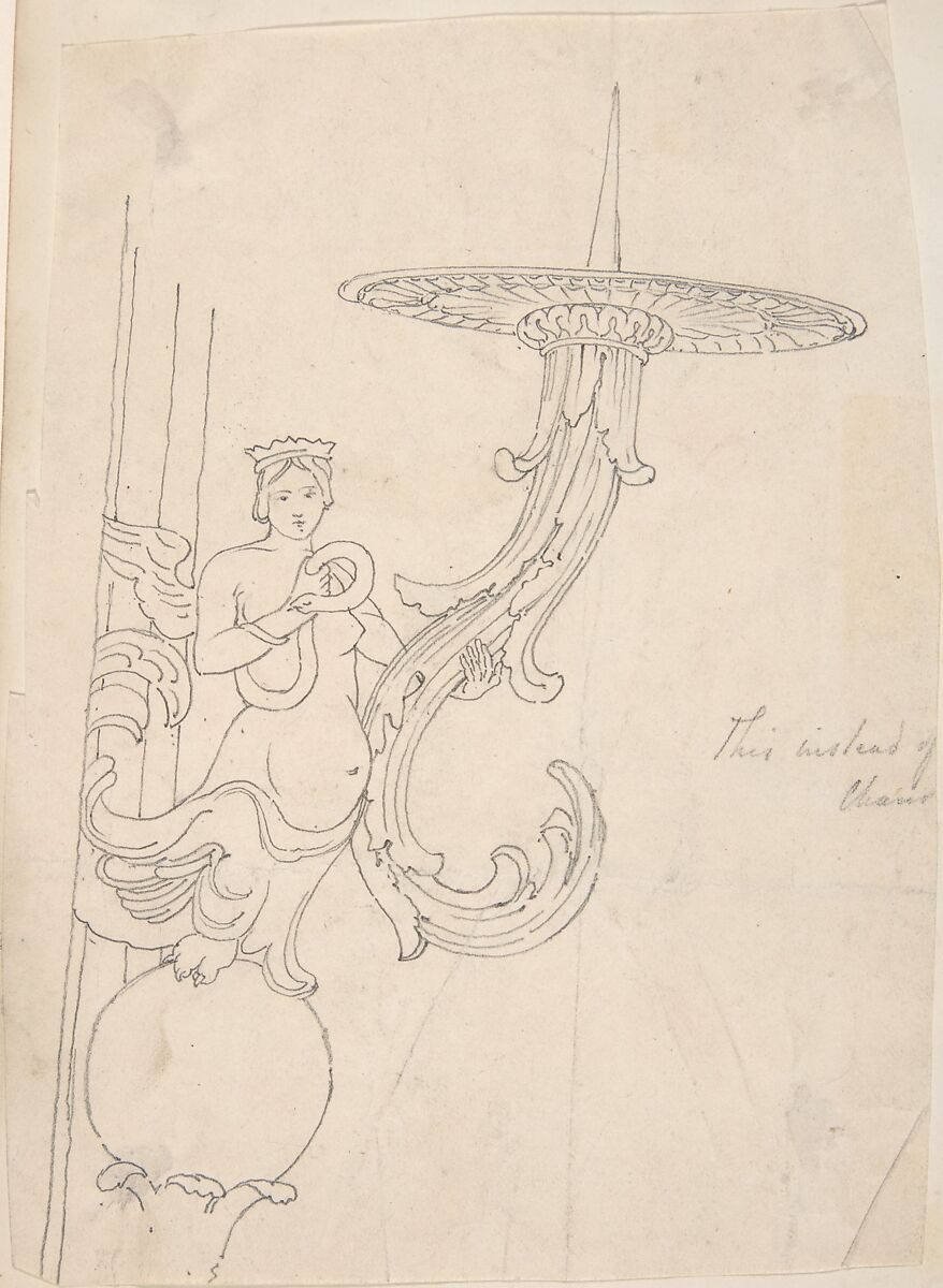 Design for Metal Candleholder Supported by a Sphinx, Anonymous, British, 19th century, Graphite 