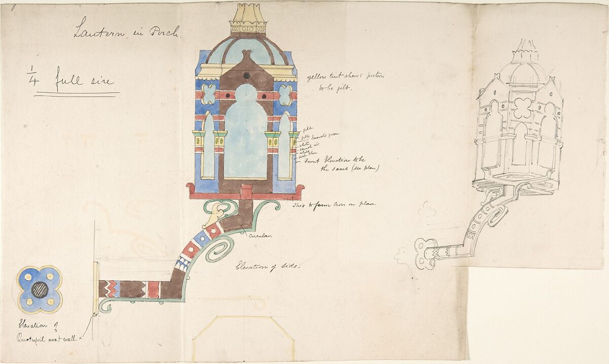 Designs for a Church Wall Lantern, Attributed to Richardson Ellson &amp; Co. (British), Graphite, pen and ink, brush and wash and watercolor 