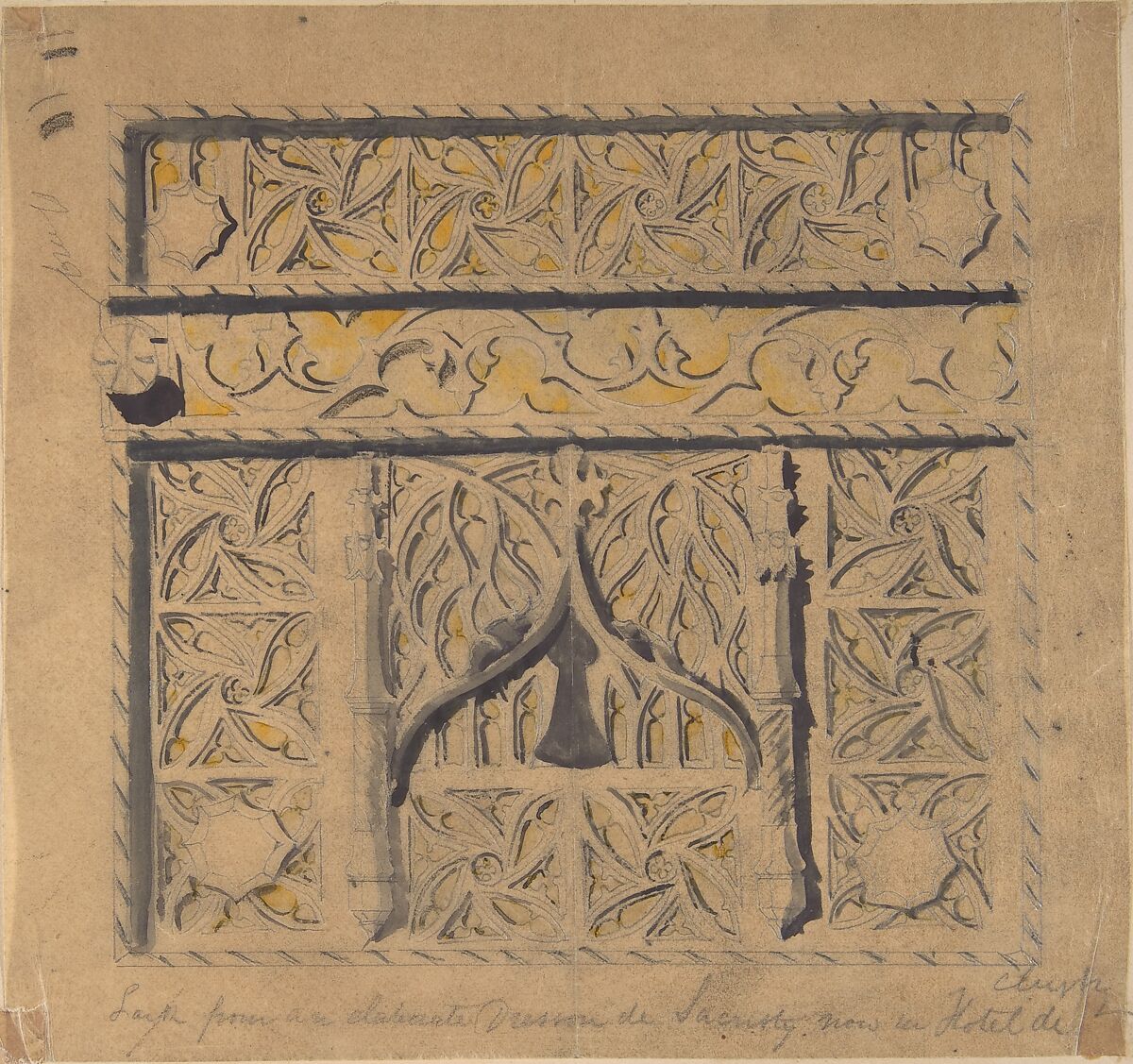 Lock from Elaborate Dresson de Sacristy, now in the Hotel de Clugny, Richardson Ellson &amp; Co. (British), Graphite, pen and ink and watercolor on tracing paper 
