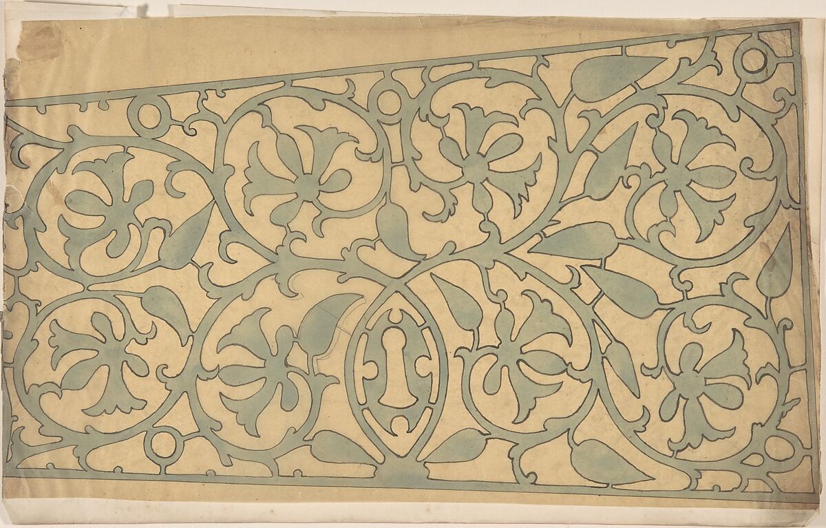 Panel of Ornament, possibly Metalwork, Anonymous, British, 19th century, Pen and ink and watercolor on tracing paper 