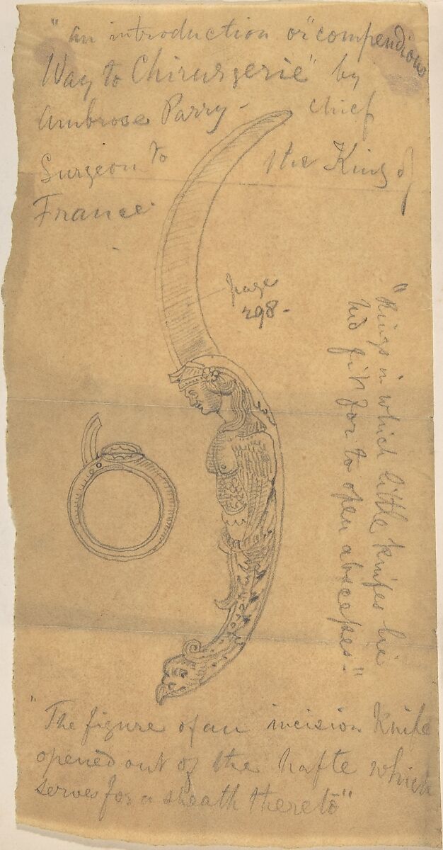 Knife with Ornamental Handle, from the Way to Chirurgerie, Anonymous, British, 19th century, Graphite on tracing paper 