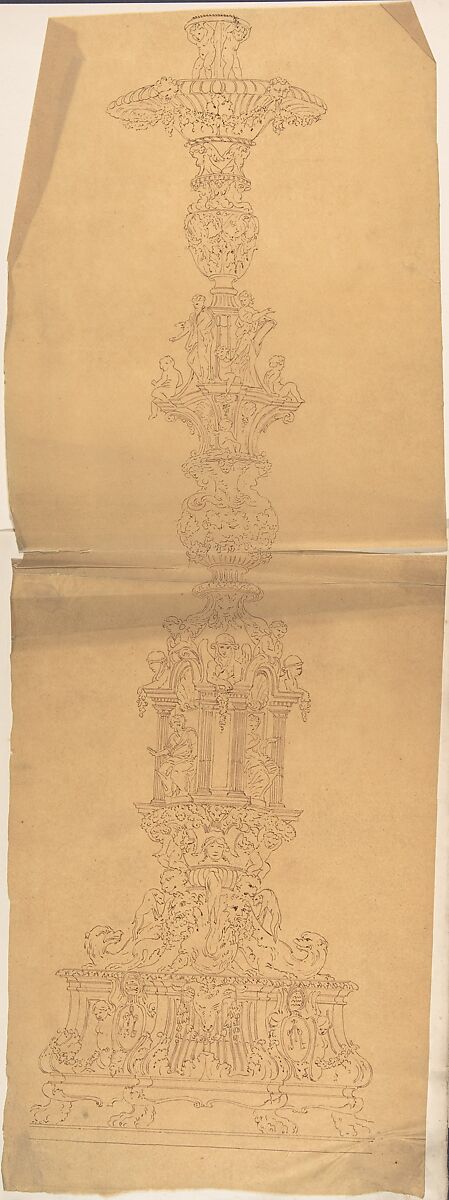 Metal Candlestick with Classical Ornament, Anonymous, British, 19th century, Pen and brown ink on tracing paper 