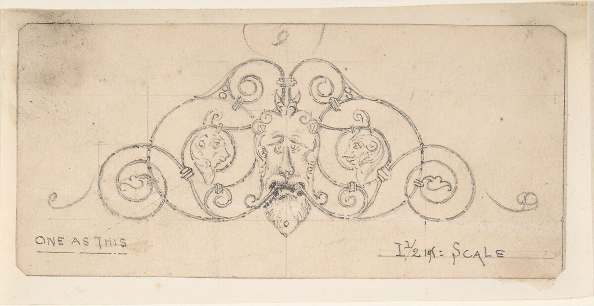 Wrought Metal Foliate Ornament with Grotesque Masks, Anonymous, British, 19th century, Graphite 