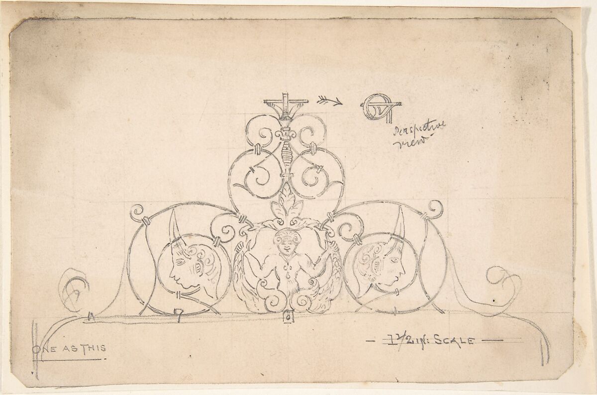 Wrought Metal Foliate Ornament with Grotesque Masks, Anonymous, British, 19th century, Graphite 