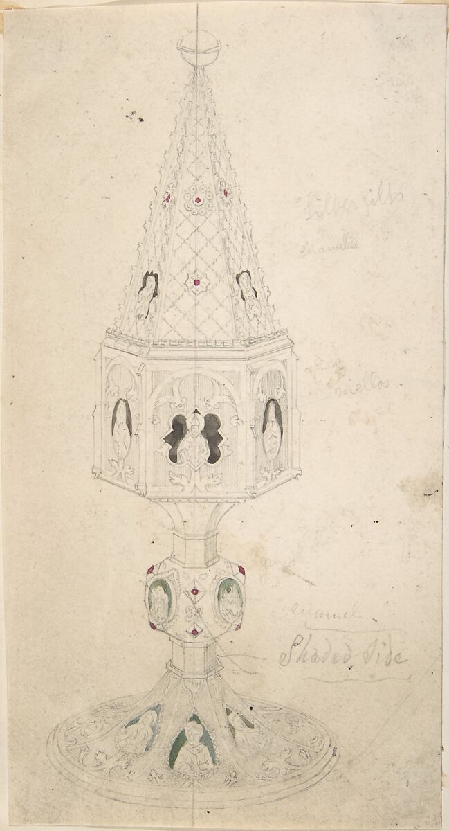 Liturgical Box with Enamelled Ornament, Anonymous, British, 19th century, Graphite, pen and ink, brush and wash 