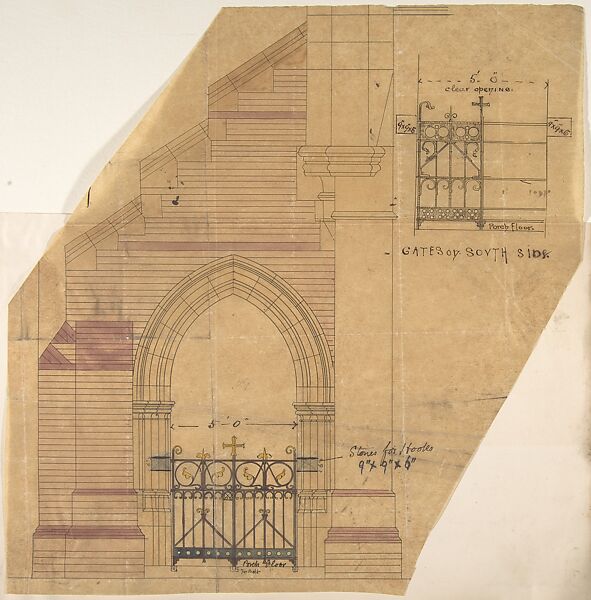 Design for Church Porch and Gates, Attributed to Richardson Ellson &amp; Co. (British), Pen and ink and watercolor on tracing paper 