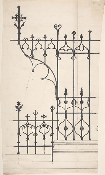 Ornamental Iron Fence Designs, for church, Richardson Ellson &amp; Co. (British), Pen and ink over graphite 