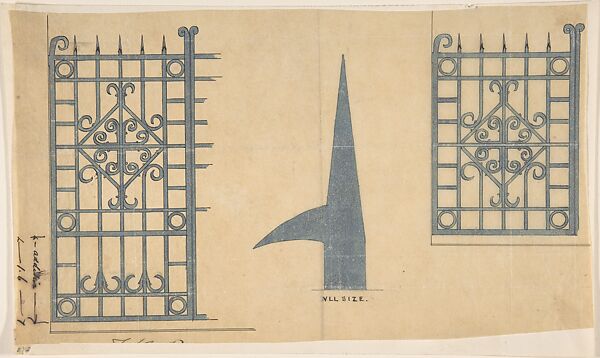 Designs for Church Gates with Spiked Tops, Attributed to Richardson Ellson &amp; Co. (British), Pen and ink, brush and wash, on tracing paper 