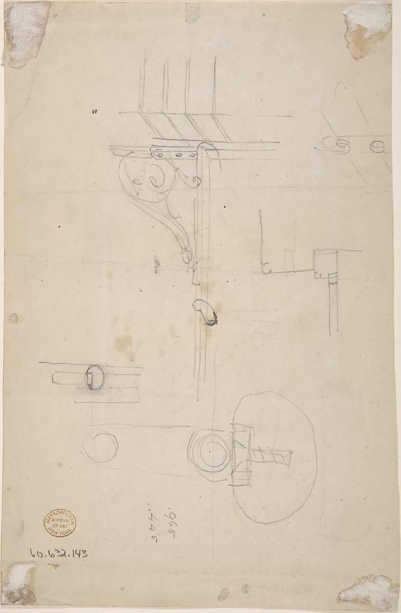 Wrought Iron Gate Design (recto); Sketches for Bracket (verso), Anonymous, British, 19th century, Watercolor (recto); graphite (verso)