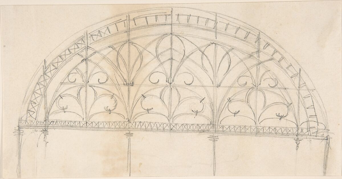 Arched Panel of Wrought Iron Ornament, Anonymous, British, 19th century, Graphite 