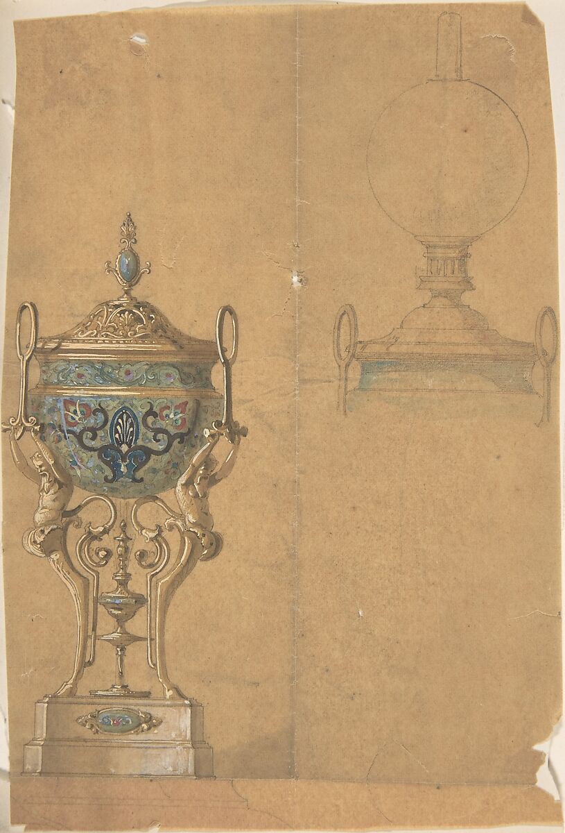 Stone Vessel Supported on Legs in the Form of Fauns, with a Metal Lid, Anonymous, British, 19th century, Pen and ink and watercolor 