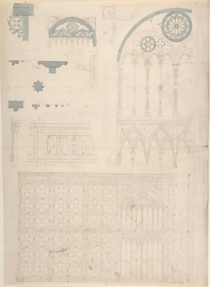 Tracery and Church Ornament, Anonymous, British, 19th century, Graphite and watercolor 