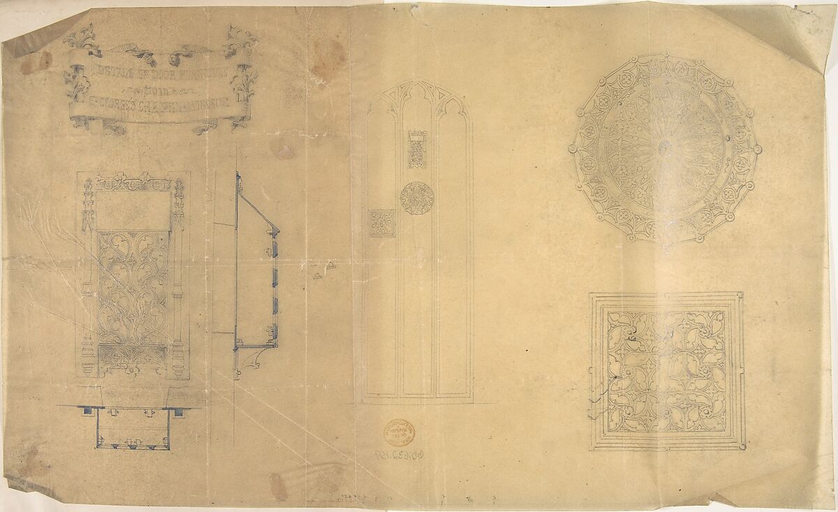 Details of Door Furniture, St. George's Chapel, Windsor and other Ornament, Anonymous, British, 19th century, Graphite and pen and ink on tracing paper 