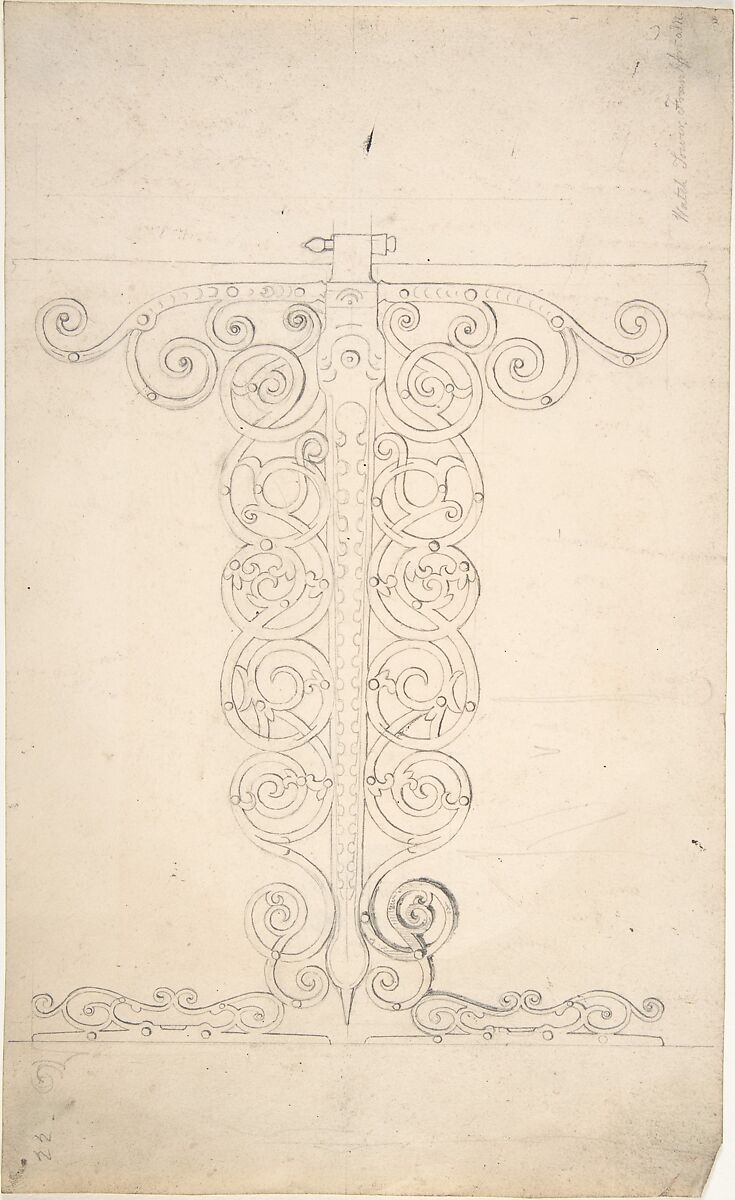 Ornamented Metal Hinge from Watch Tower, Frankfurt am Main, Anonymous, British, 19th century, Graphite 