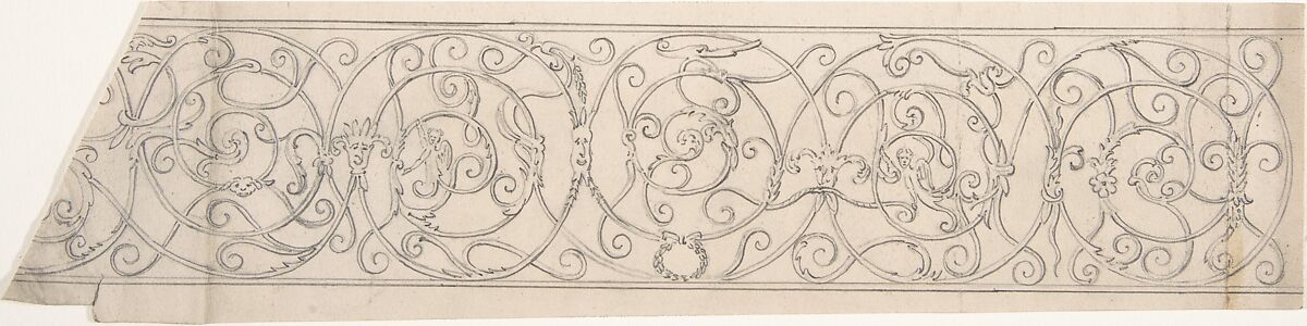 Panel of Curvilinear Metal Ornament Adorned with Masks and Winged Figures, Anonymous, British, 19th century, Graphite