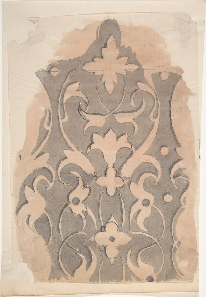 Panel of Floral and Foliate Ornament, Anonymous, British, 19th century, Pen and ink, brush and wash and watercolor, over graphite 