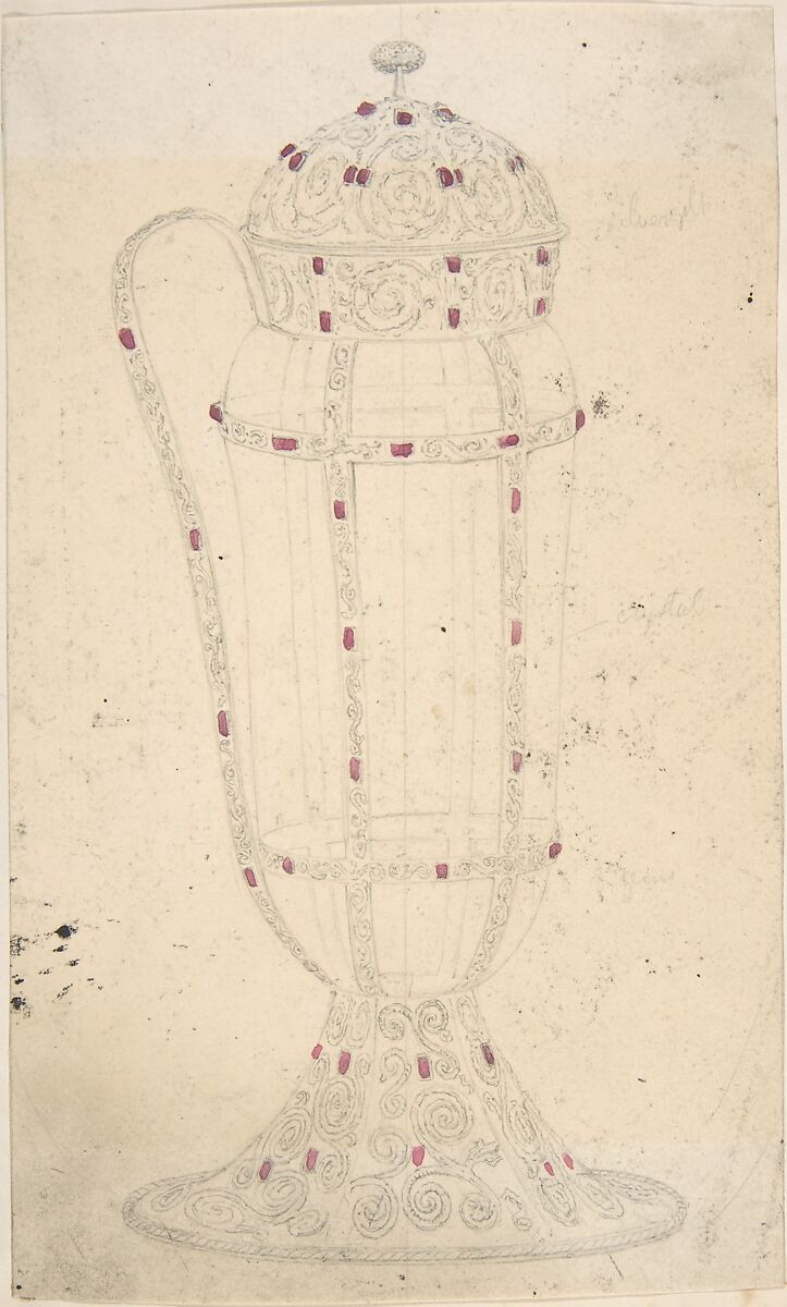 Crystal Vessel with Ornamented Metal Lid, Foot, Handle and Mounts, Anonymous, British, 19th century, Graphite and watercolor 