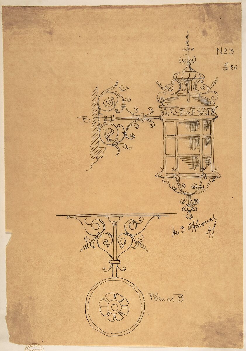 Wall-mounted Lamp Design, Attributed to Richardson Ellson &amp; Co. (British), Pen and ink on tracing paper 