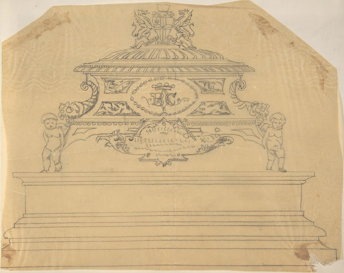 Metal Casket Supported by Putti, Inscribed with Crowned Initials B.C., and Topped with Dragons, Anonymous, British, 19th century, Graphite on tracing paper 