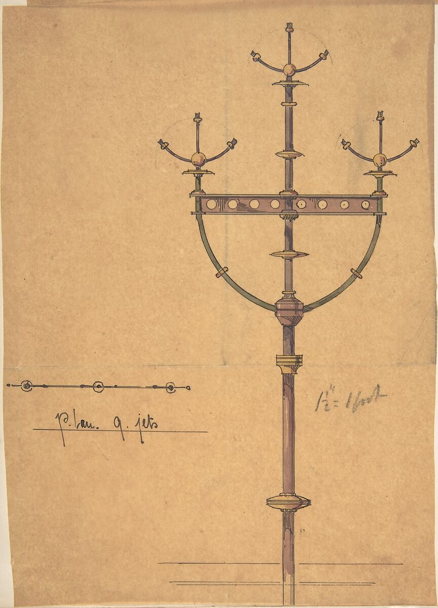 Design for [Gas?] Lights for a Church, Richardson Ellson &amp; Co. (British), Pen and ink, brush and wash and watercolor on tracing paper 