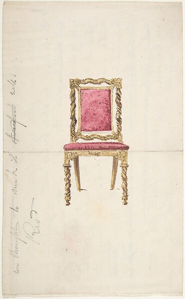 Design for a Chair with Turned Front Legs and Supports, Attributed to Gillows (British, 19th century), Pen and ink, gouache (bodycolor) 