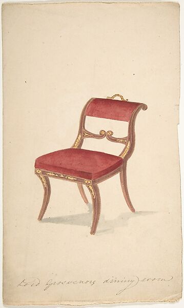 Design for a Chair, "For Lord Grosvenor's Dining Room", Attributed to Gillows (British, 19th century), Pen and ink, gouache (bodycolor) 