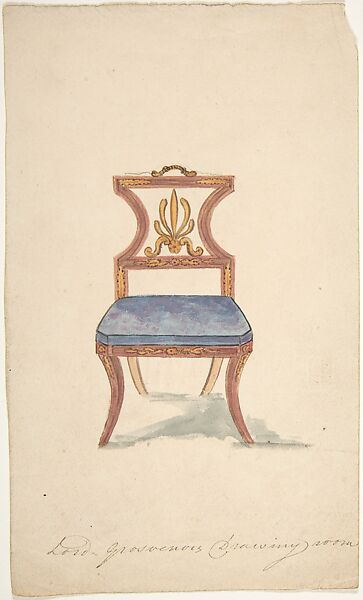 Design for a Chair, "For Lord Grosvenor's Drawing Room", Attributed to Gillows (British, 19th century), Pen and ink, gouache (bodycolor) 