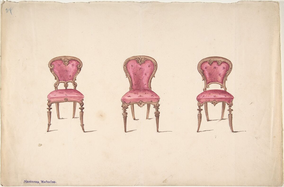 Design for Three Chairs with Red Upholstery, Anonymous, British, 19th century, Pen and ink, brush and wash, watercolor 