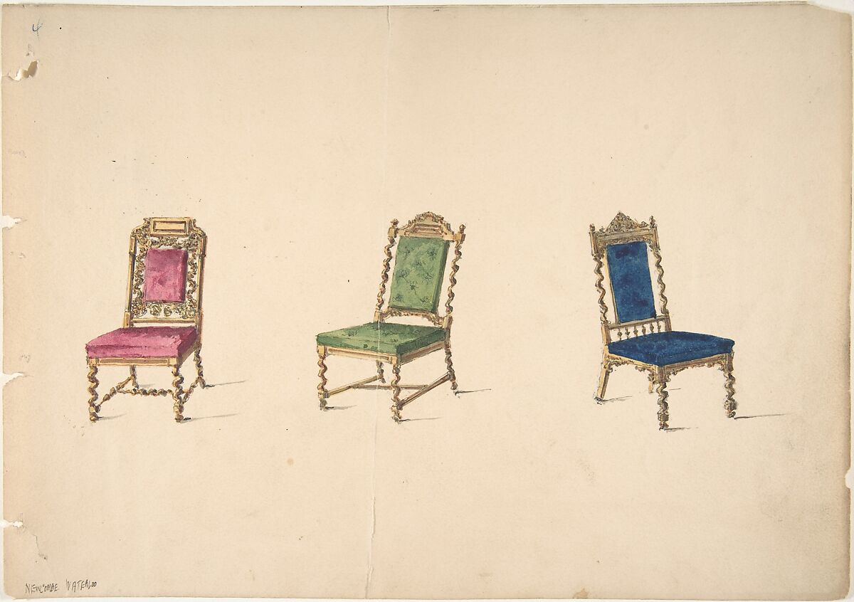 Designs for Three Chairs with Turned Legs and Backs, Anonymous, British, 19th century, Pen and ink, brush and wash, watercolor 