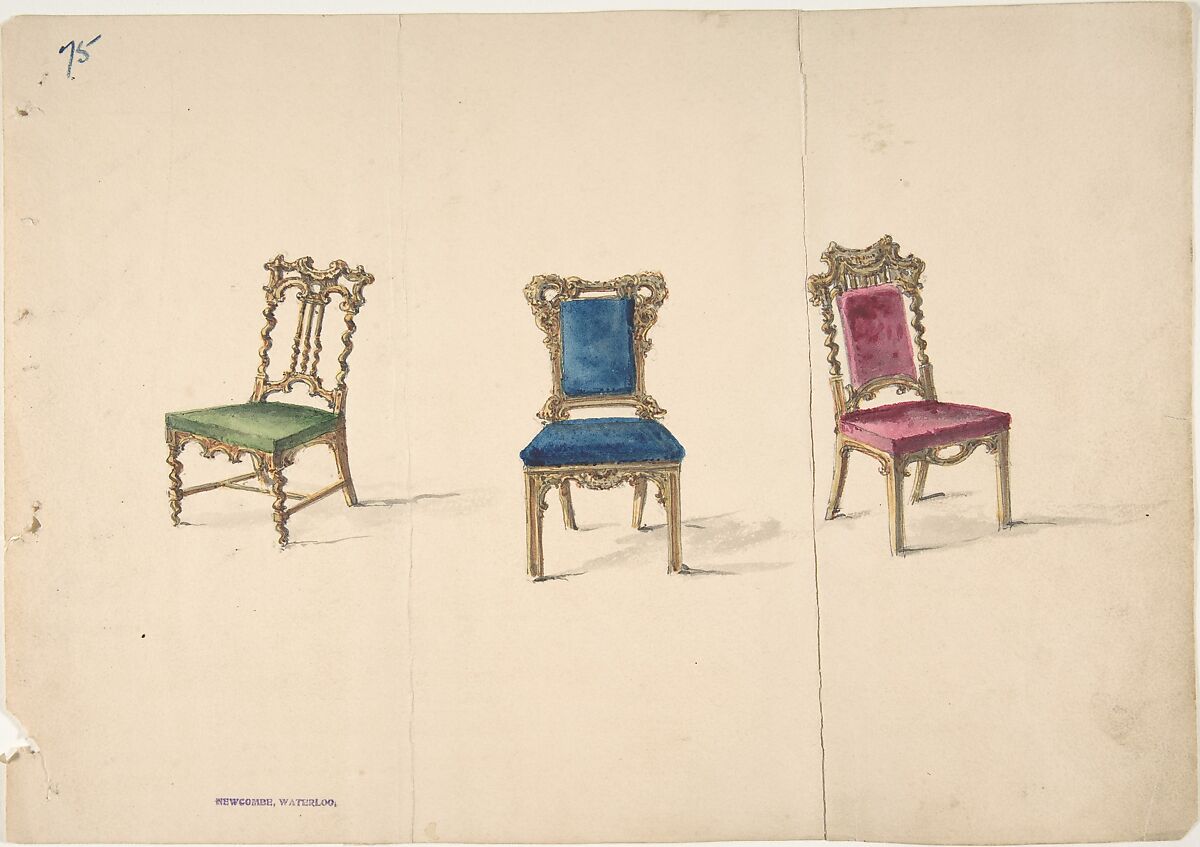 Designs for Three Chairs, Anonymous, British, 19th century, Pen and ink, brush and wash, watercolor 