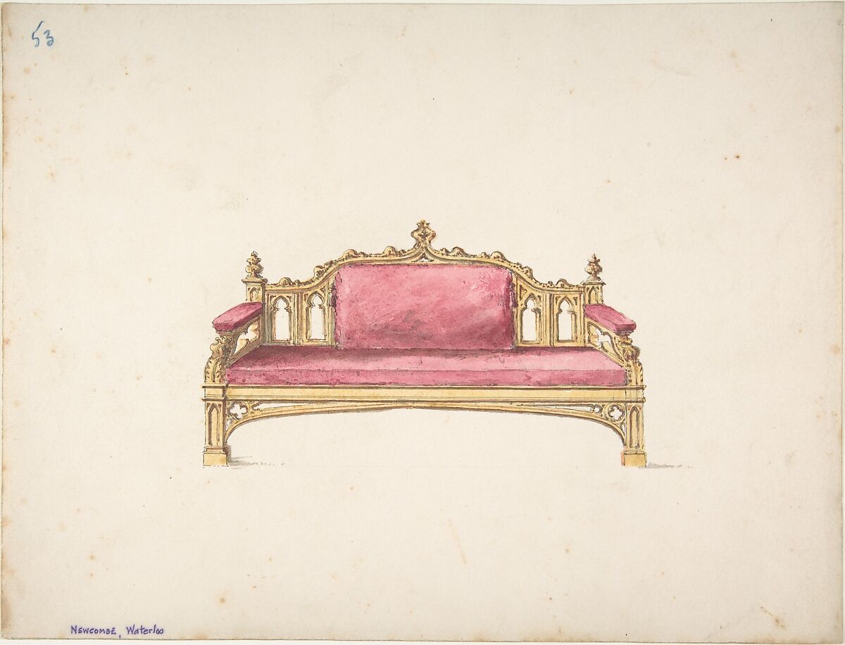 Design for a Gothic Settee, Anonymous, British, 19th century, Pen and ink, brush and wash, watercolor 