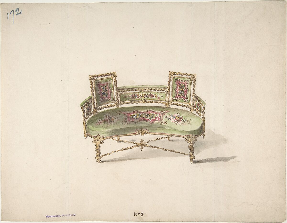Design for a Curve-backed Settee, Anonymous, British, 19th century, Pen and ink, brush and wash, watercolor 