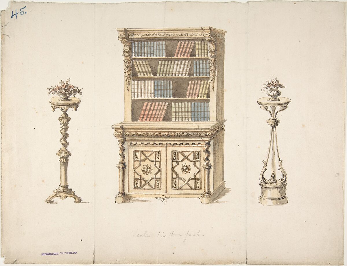 Design for a Cabinet-Bookcase and Two Stands for Flowers, Anonymous, British, 19th century, Pen and ink, brush and wash, watercolor 