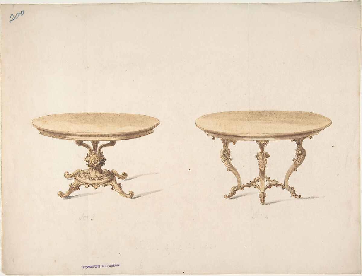 Designs for Two Round Tables, Anonymous, British, 19th century, Pen and ink, brush and wash, watercolor 