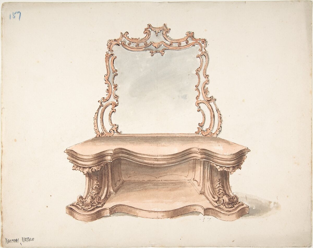 Design for Curvilinear Side Table with Mirror, Anonymous, British, 19th century, Pen and ink, brush and wash, watercolor 