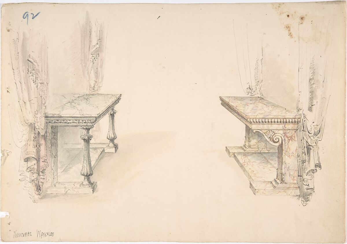 Designs for Two Marble Pier Tables with Draperies, Anonymous, British, 19th century, Pen and ink, brush and wash, watercolor 